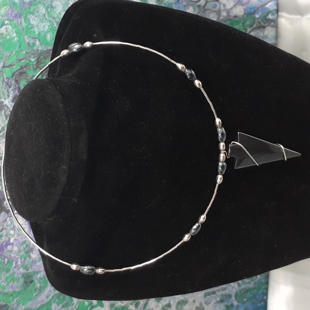 Hand Crafted Hematite Liquid Silver Memory Wire Choker Necklace Sterling